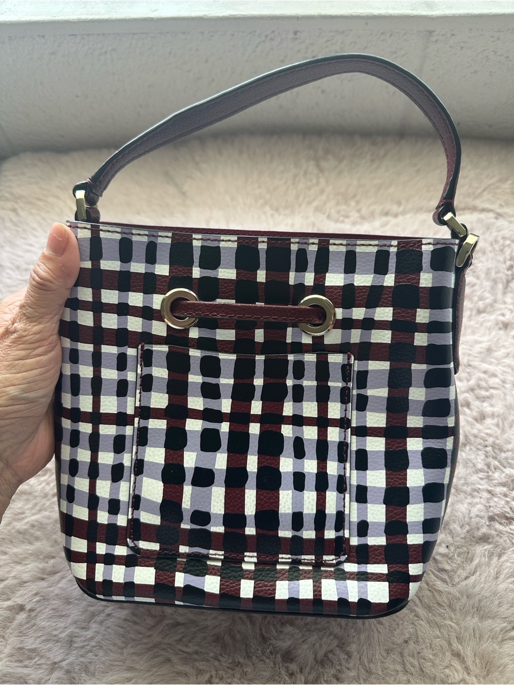 kate spade Mini Bucket Bag in Burgundy, Black & White Plaid - Picture 9 of 12